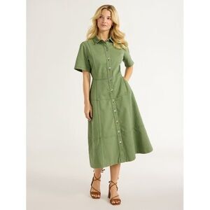 Free Assembly Button Front Cotton Midi Dress with Short Sleeves